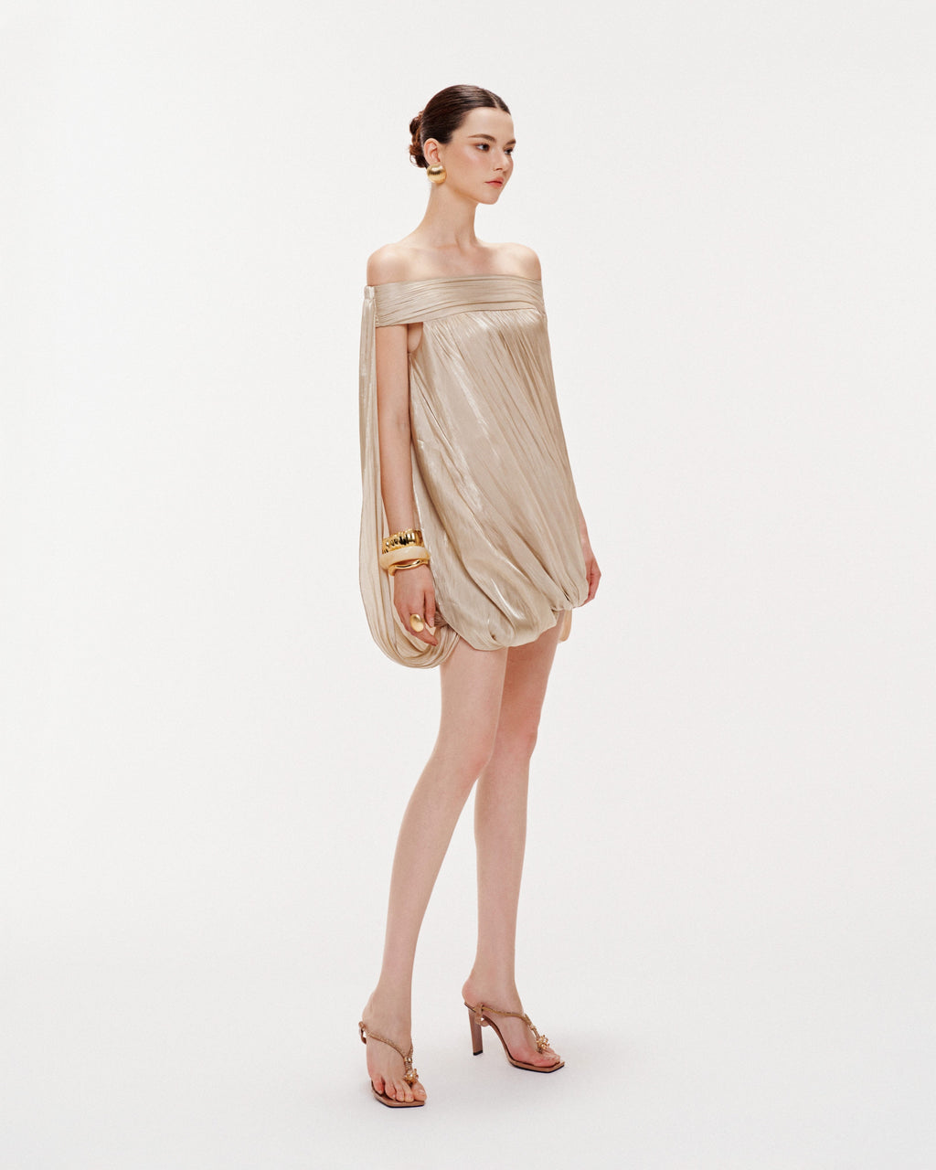 High Neck Sheer Mesh Sleeve Cape Draped Ruched Train Maxi Gown