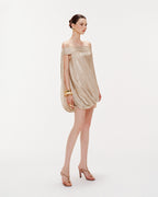 High Neck Sheer Mesh Sleeve Cape Draped Ruched Train Maxi Gown
