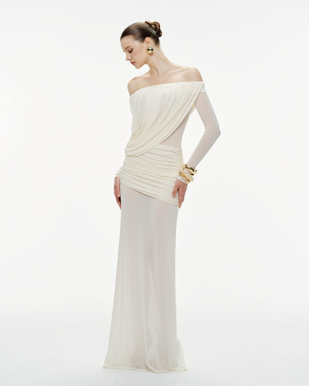 Bardot Neck Asymmetric Diagonal Draped Ruched Waist Sheer Skirt Formal Dress