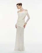 Bardot Neck Asymmetric Diagonal Draped Ruched Waist Sheer Skirt Formal Dress