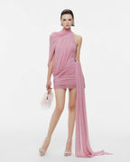 Fluid Cape Drape Ruched Bodycon Mini Dress With Long Side Train