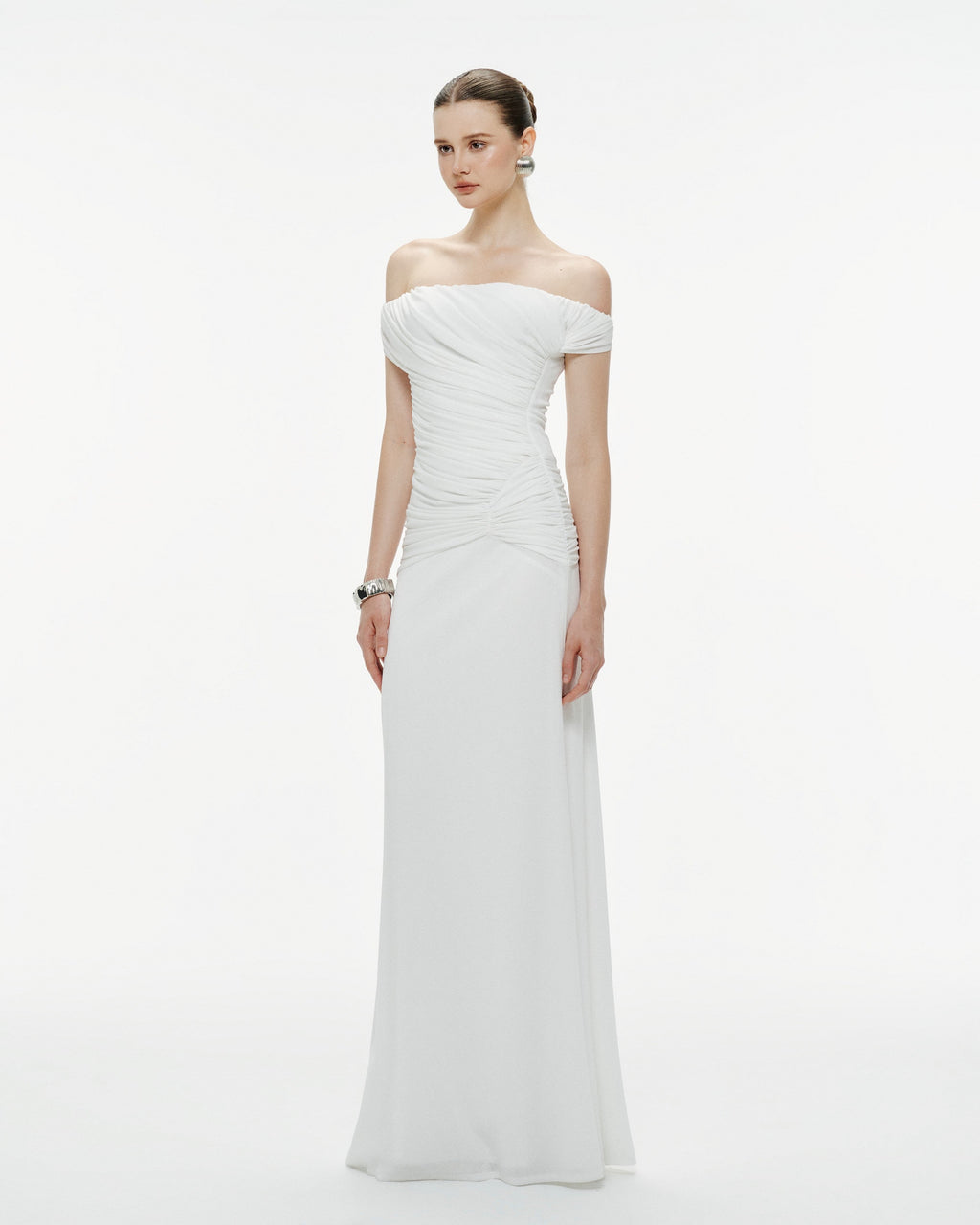 Diagonal Ruched Waist Off Shoulder Mermaid Evening Gown