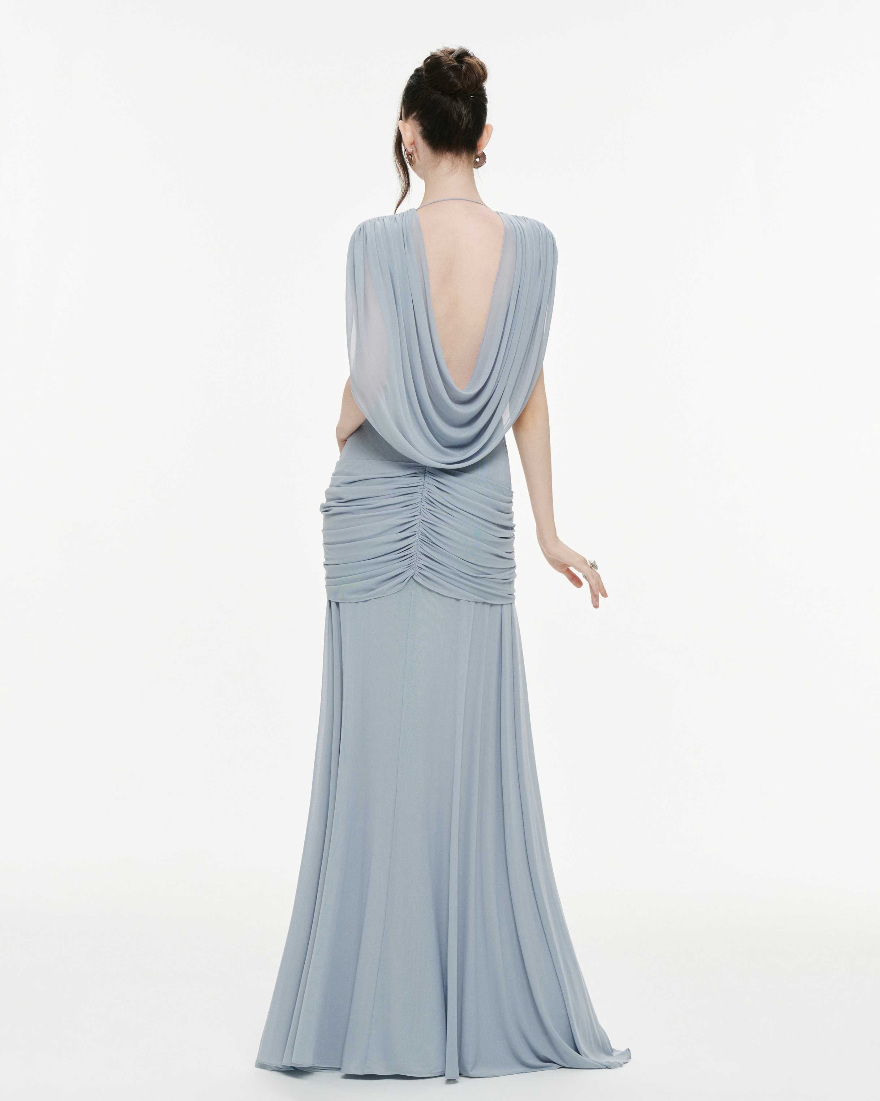 Women Deep V Cape Sleeve Cross Wrap Ruched Waist Sheer Chiffon Flowy Floor Length Maxi Formal Gown