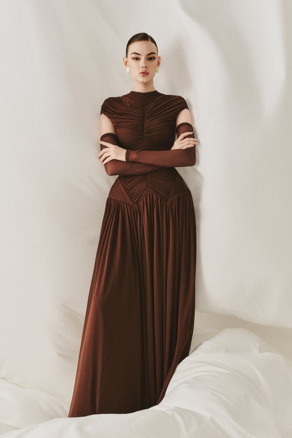 Elegant Structured Pleated Waist Long Formal Party Maxi Dress