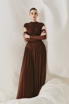 Elegant Structured Pleated Waist Long Formal Party Maxi Dress