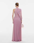 Halter Neck Single Cape Sleeve Cross Ruched Bodice Pleated Chiffon Maxi Gown