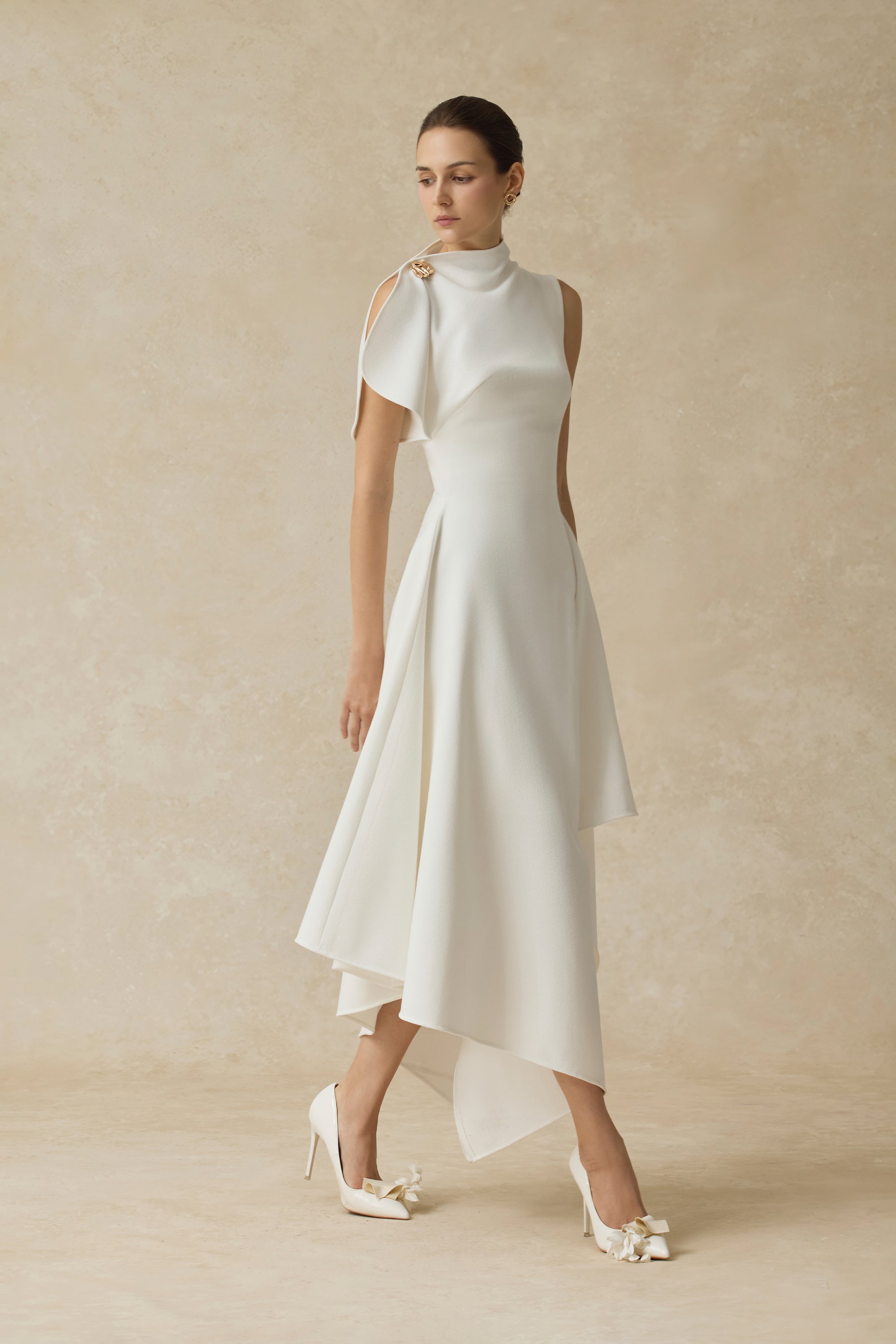 High Neck Fold Shoulder Sleeveless Asymmetric Hem Midi Gown