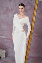 Minimalist V-Neck Wrap Ruched Bodice Diagonal Drape Stretch Knit Long Formal Dress