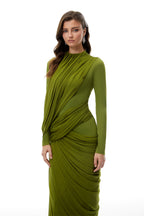Olive Green High Neck Draped Ruched Maxi Gown