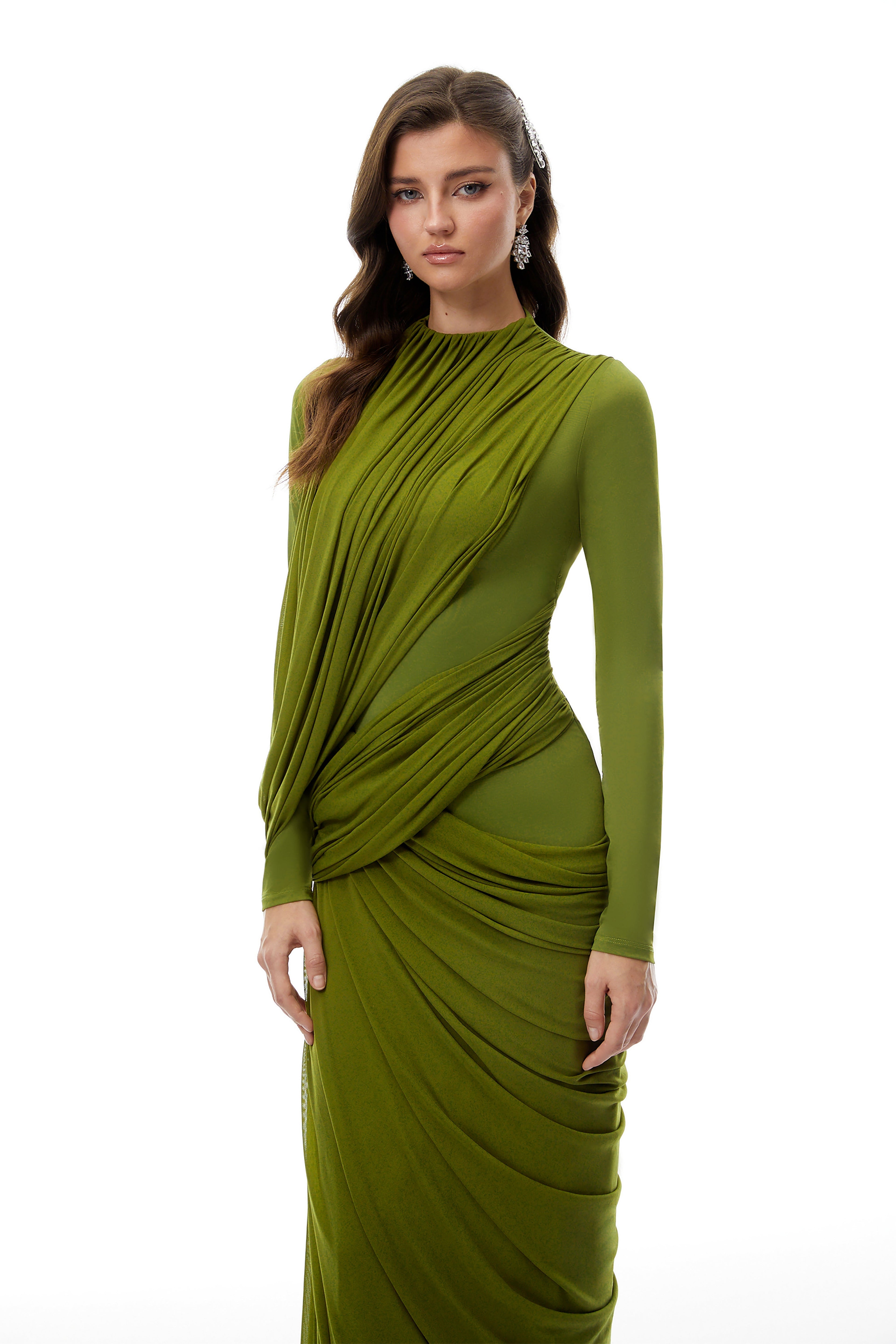 Olive Green High Neck Draped Ruched Maxi Gown