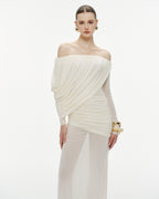 Bardot Neck Asymmetric Diagonal Draped Ruched Waist Sheer Skirt Formal Dress