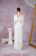 Minimalist V-Neck Wrap Ruched Bodice Diagonal Drape Stretch Knit Long Formal Dress