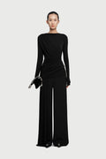 Boat Neck Long Sleeve Diagonal Cross Ruched Waist Slim Stretch Knit Top