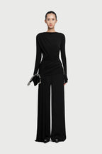 Boat Neck Long Sleeve Diagonal Cross Ruched Waist Slim Stretch Knit Top