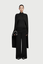 Mock Neck Cross Twist Cape Sleeve Waist Ruched Slim Knit Top