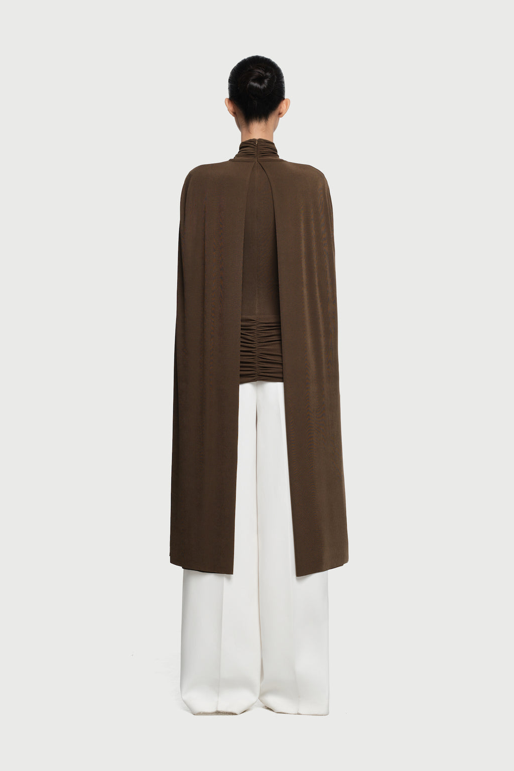 Mock Neck Cross Twist Cape Sleeve Waist Ruched Slim Knit Top