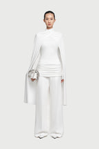 Mock Neck Cross Twist Cape Sleeve Waist Ruched Slim Knit Top