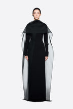 Modern Cape Sleeve Slimming Full Length Formal Maxi Dress With Transparent Cape Detail
