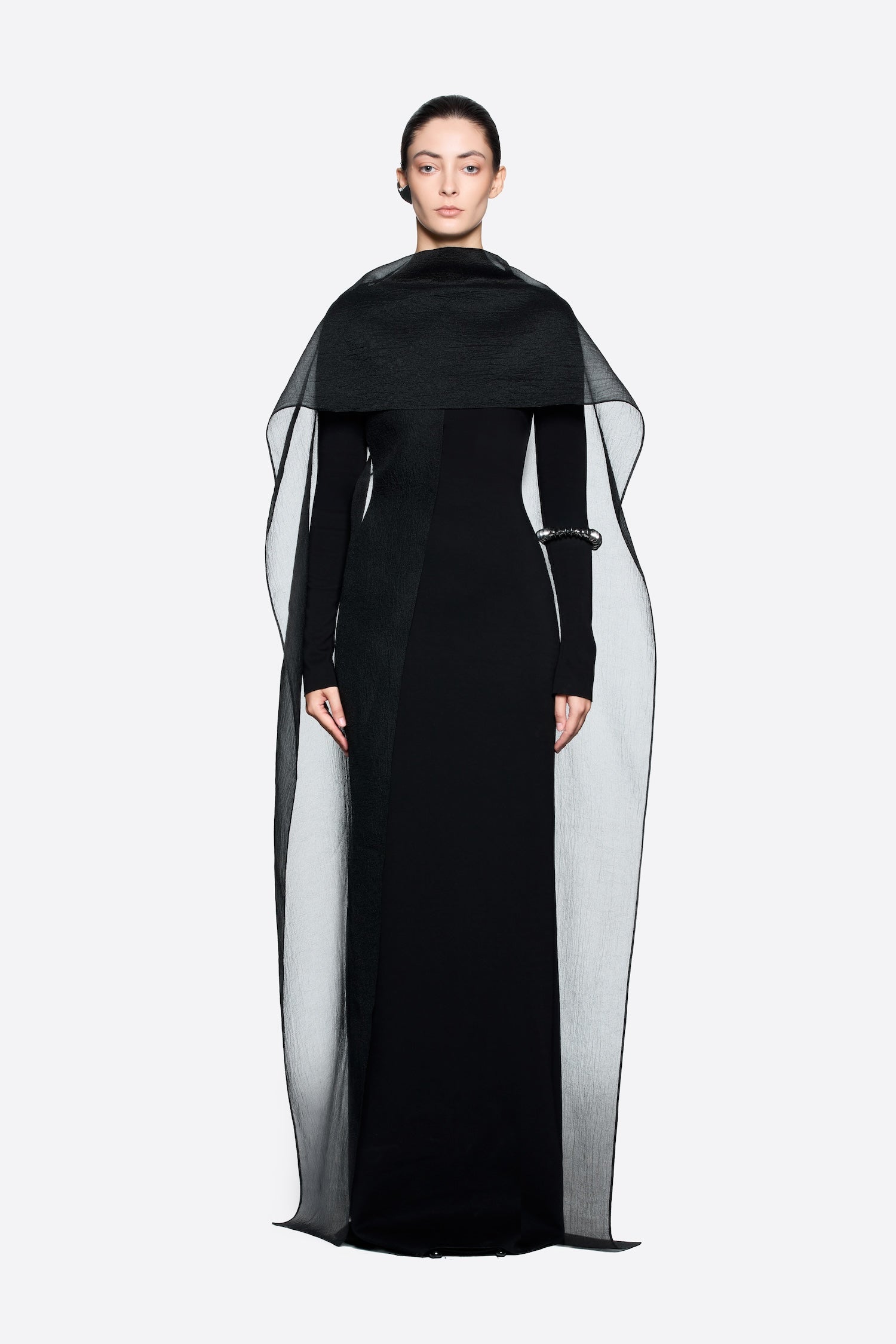 Modern Cape Sleeve Slimming Full Length Formal Maxi Dress With Transparent Cape Detail