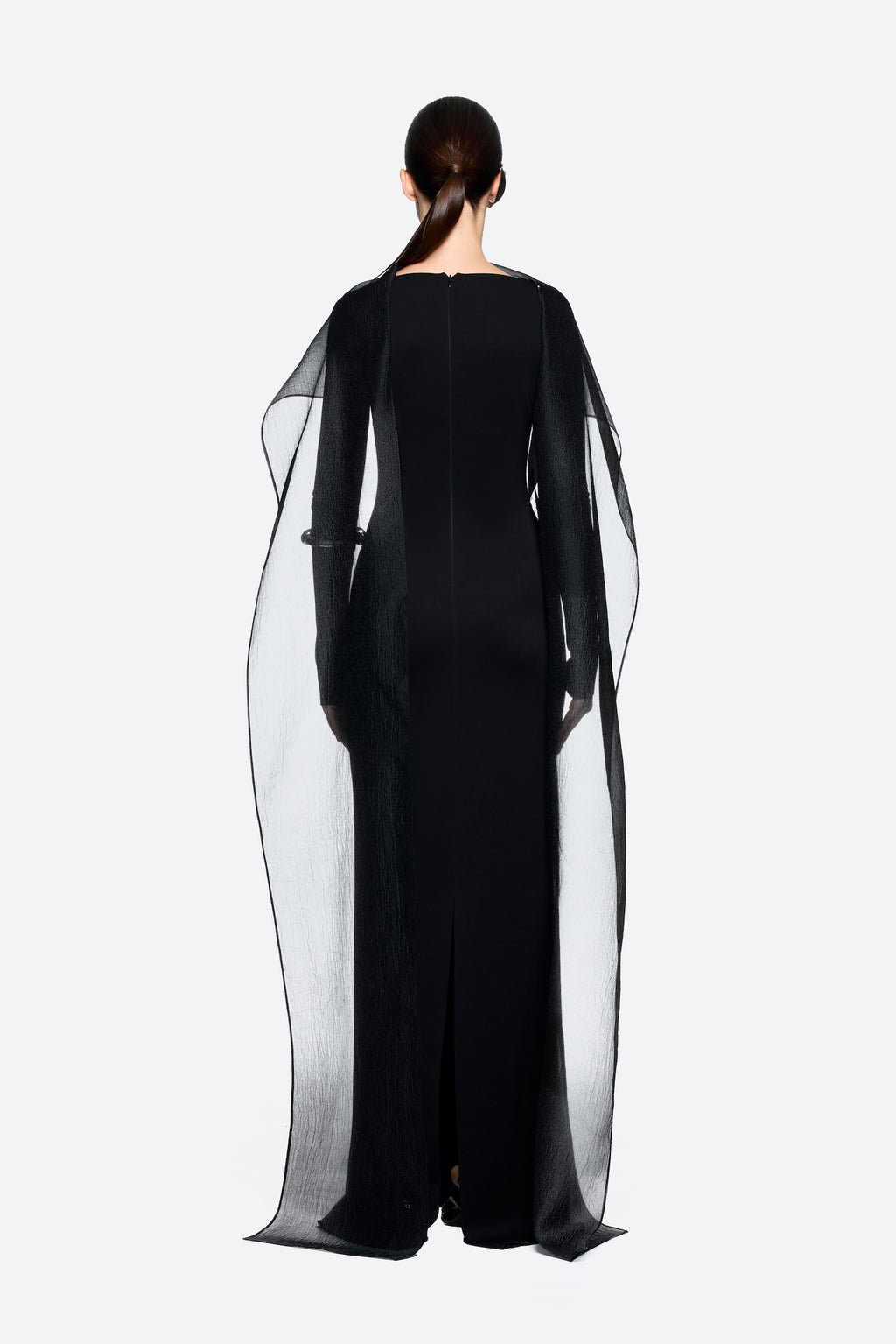 Modern Cape Sleeve Slimming Full Length Formal Maxi Dress With Transparent Cape Detail