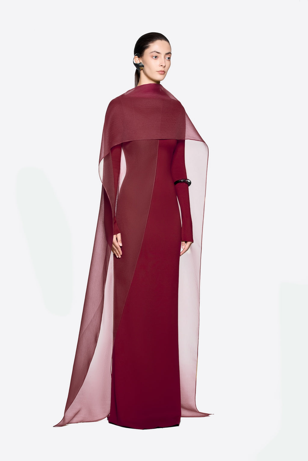 Modern Cape Sleeve Slimming Full Length Formal Maxi Dress With Transparent Cape Detail