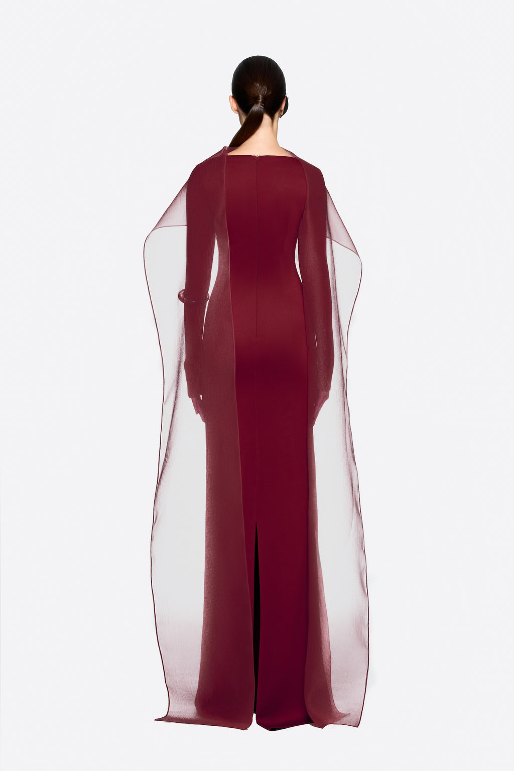 Modern Cape Sleeve Slimming Full Length Formal Maxi Dress With Transparent Cape Detail