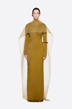 Modern Cape Sleeve Slimming Full Length Formal Maxi Dress With Transparent Cape Detail