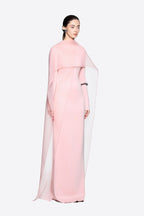 Modern Cape Sleeve Slimming Full Length Formal Maxi Dress With Transparent Cape Detail