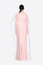 Modern Cape Sleeve Slimming Full Length Formal Maxi Dress With Transparent Cape Detail