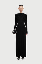 Cross Cape Twist Front Gathered High Neck Long Sleeve Event Maxi Gown