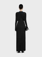 Cross Cape Twist Front Gathered High Neck Long Sleeve Event Maxi Gown