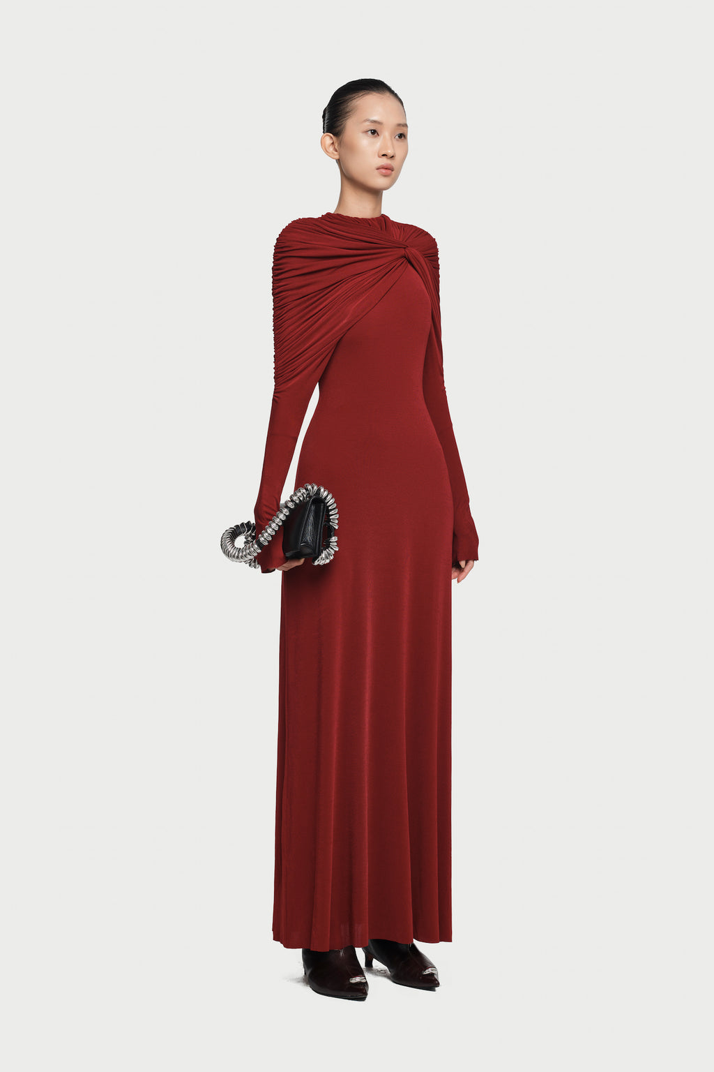 Cross Cape Twist Front Gathered High Neck Long Sleeve Event Maxi Gown