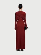 Cross Cape Twist Front Gathered High Neck Long Sleeve Event Maxi Gown