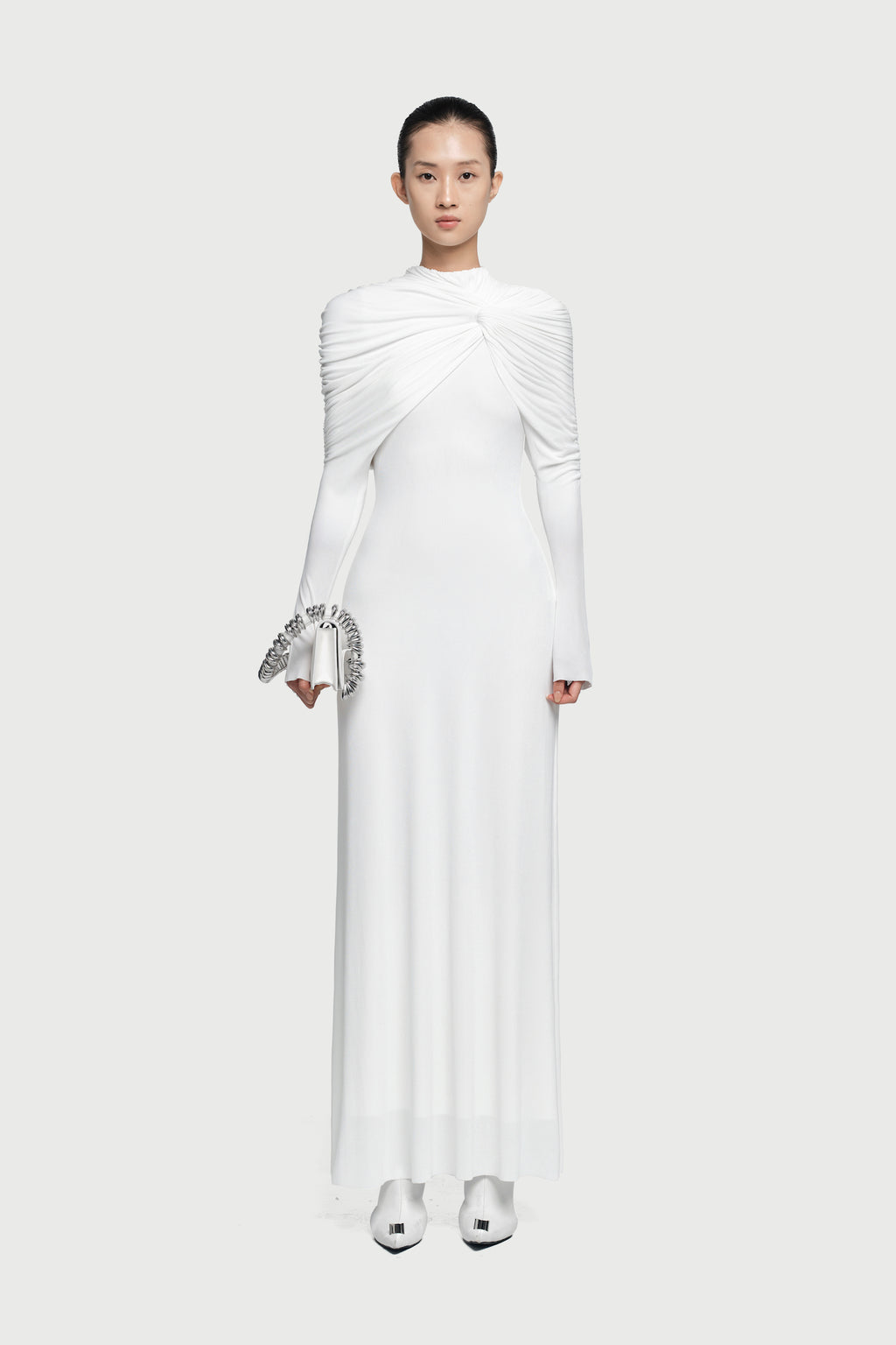 Cross Cape Twist Front Gathered High Neck Long Sleeve Event Maxi Gown