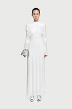 Cross Cape Twist Front Gathered High Neck Long Sleeve Event Maxi Gown