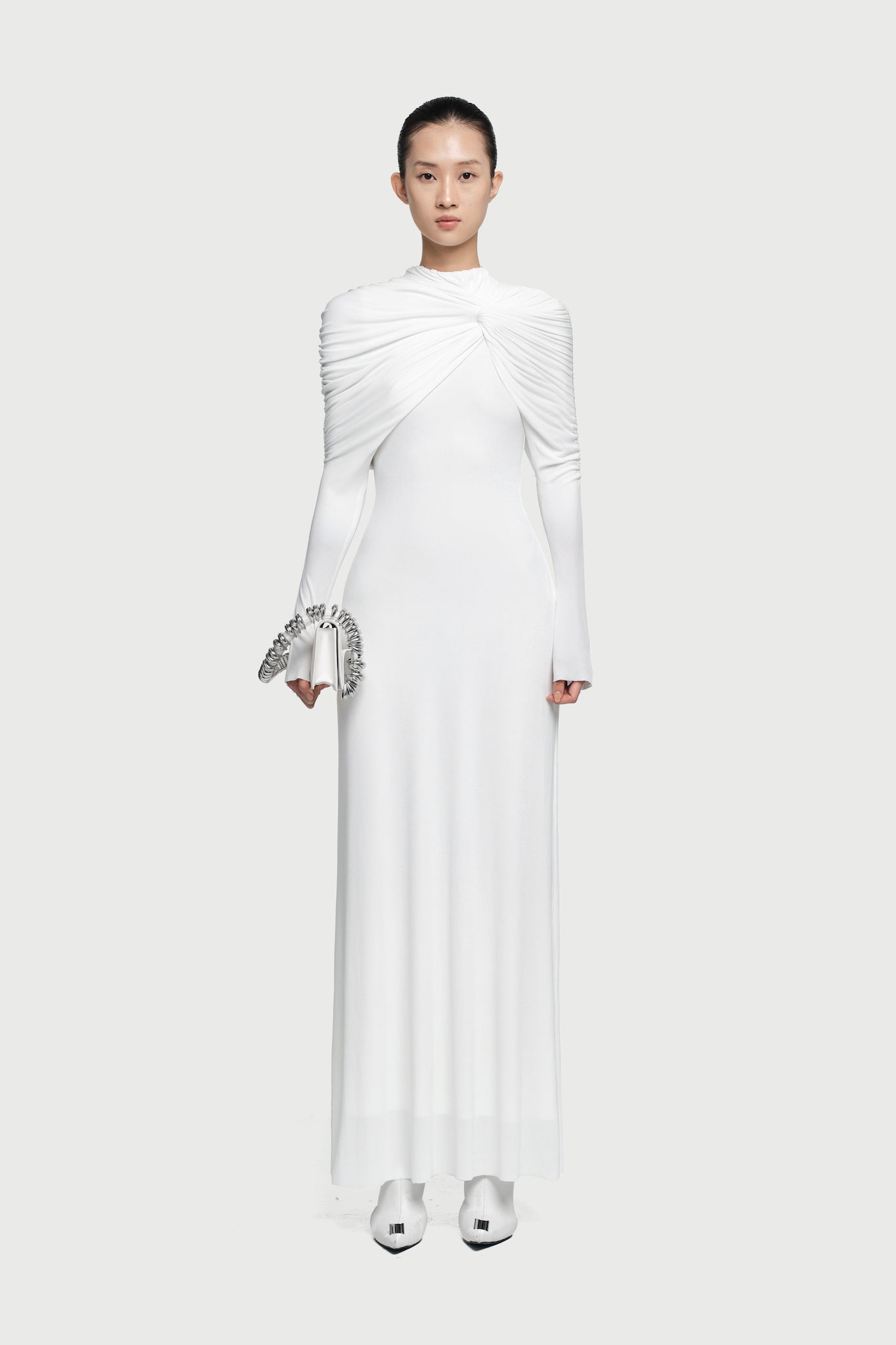 Cross Cape Twist Front Gathered High Neck Long Sleeve Event Maxi Gown