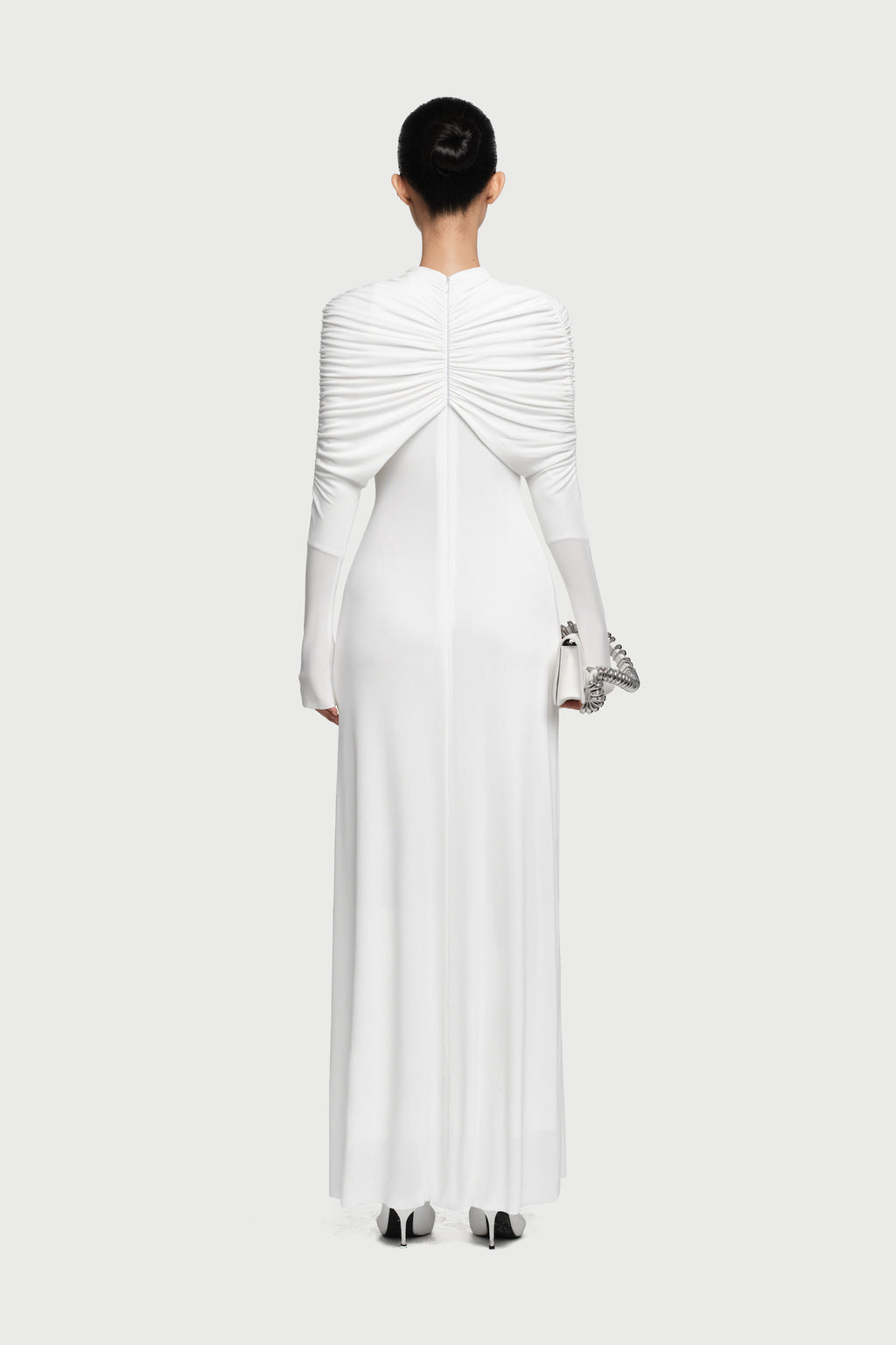Cross Cape Twist Front Gathered High Neck Long Sleeve Event Maxi Gown