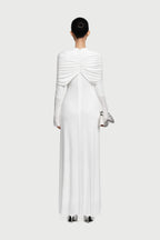 Cross Cape Twist Front Gathered High Neck Long Sleeve Event Maxi Gown