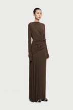 Boat Neck Long Sleeve Diagonal Cross Wrap Ruched Waist Asymmetric Side Panel Maxi Gown