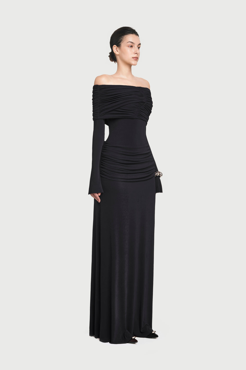 Bardot Off Shoulder Cross Twist Ruched Bodice Waist Gathered Long Sleeve Maxi Gown