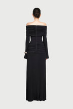 Bardot Off Shoulder Cross Twist Ruched Bodice Waist Gathered Long Sleeve Maxi Gown