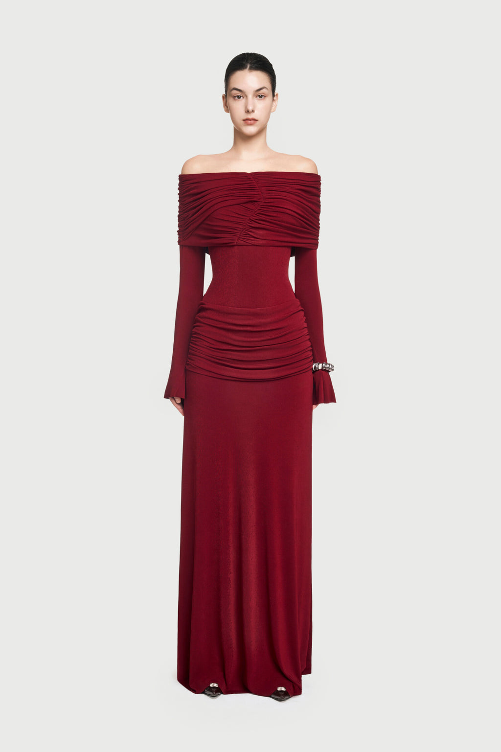 Bardot Off Shoulder Cross Twist Ruched Bodice Waist Gathered Long Sleeve Maxi Gown