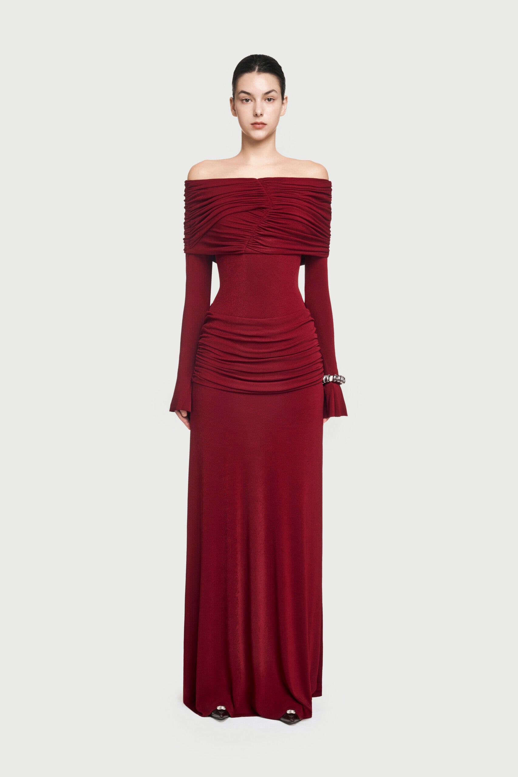 Bardot Off Shoulder Cross Twist Ruched Bodice Waist Gathered Long Sleeve Maxi Gown