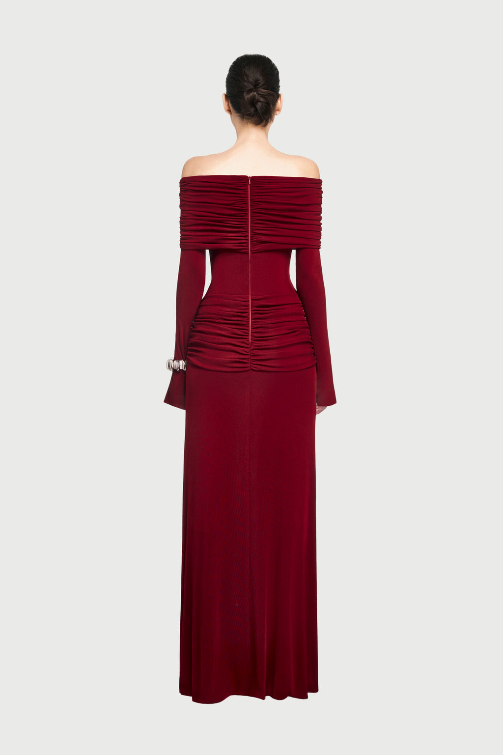 Bardot Off Shoulder Cross Twist Ruched Bodice Waist Gathered Long Sleeve Maxi Gown