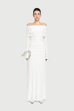 Bardot Off Shoulder Cross Twist Ruched Bodice Waist Gathered Long Sleeve Maxi Gown