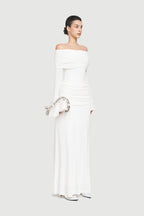 Bardot Off Shoulder Cross Twist Ruched Bodice Waist Gathered Long Sleeve Maxi Gown