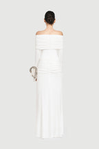 Bardot Off Shoulder Cross Twist Ruched Bodice Waist Gathered Long Sleeve Maxi Gown