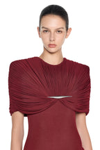 Metal Detail Gathered Shoulder Slim Mini Dress