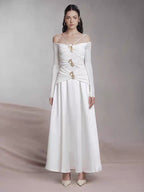 Spaghetti Strap Off Shoulder Long Sleeve Multi Gold Hardware Ruched Tiered Flared Maxi Gown