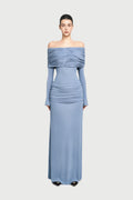 Bardot Off Shoulder Cross Twist Ruched Bodice Waist Gathered Long Sleeve Maxi Gown